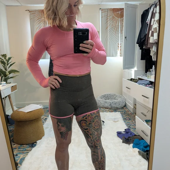 Women's High-Waist Active Biker Shorts - Charcoal with Pink Trim - Picture 2 of 6